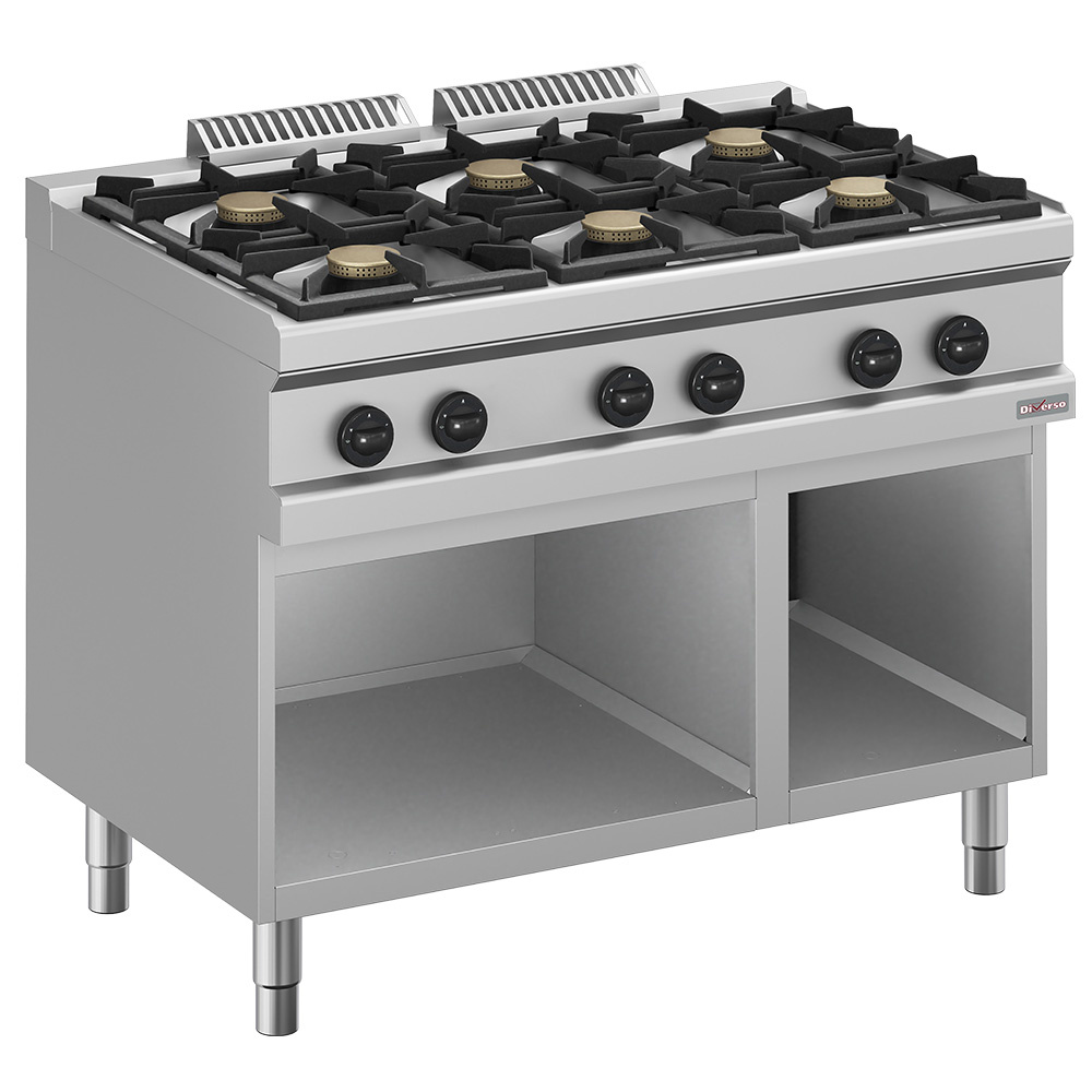 6-burner gas stove, on open cabinet