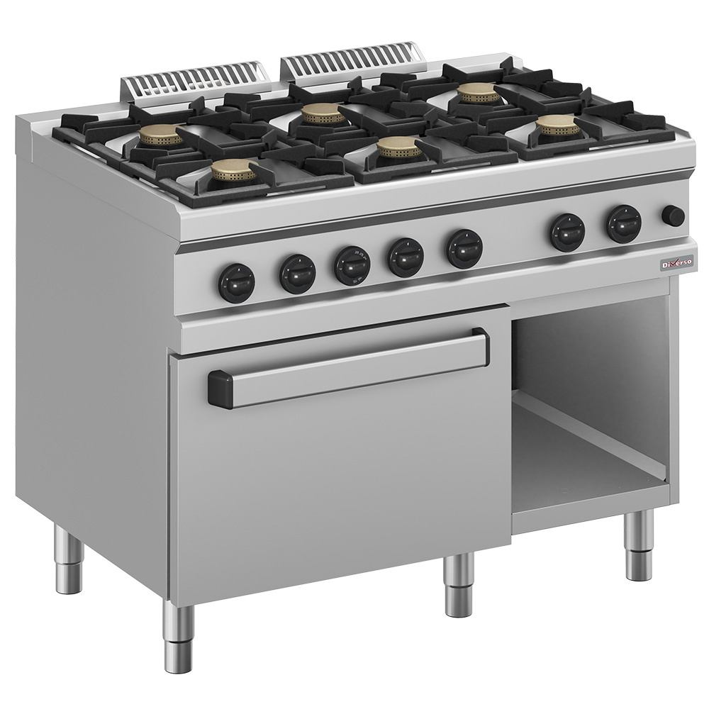 Gas stove with 6 hot burners, on GN 2/1 gas oven and cabinet