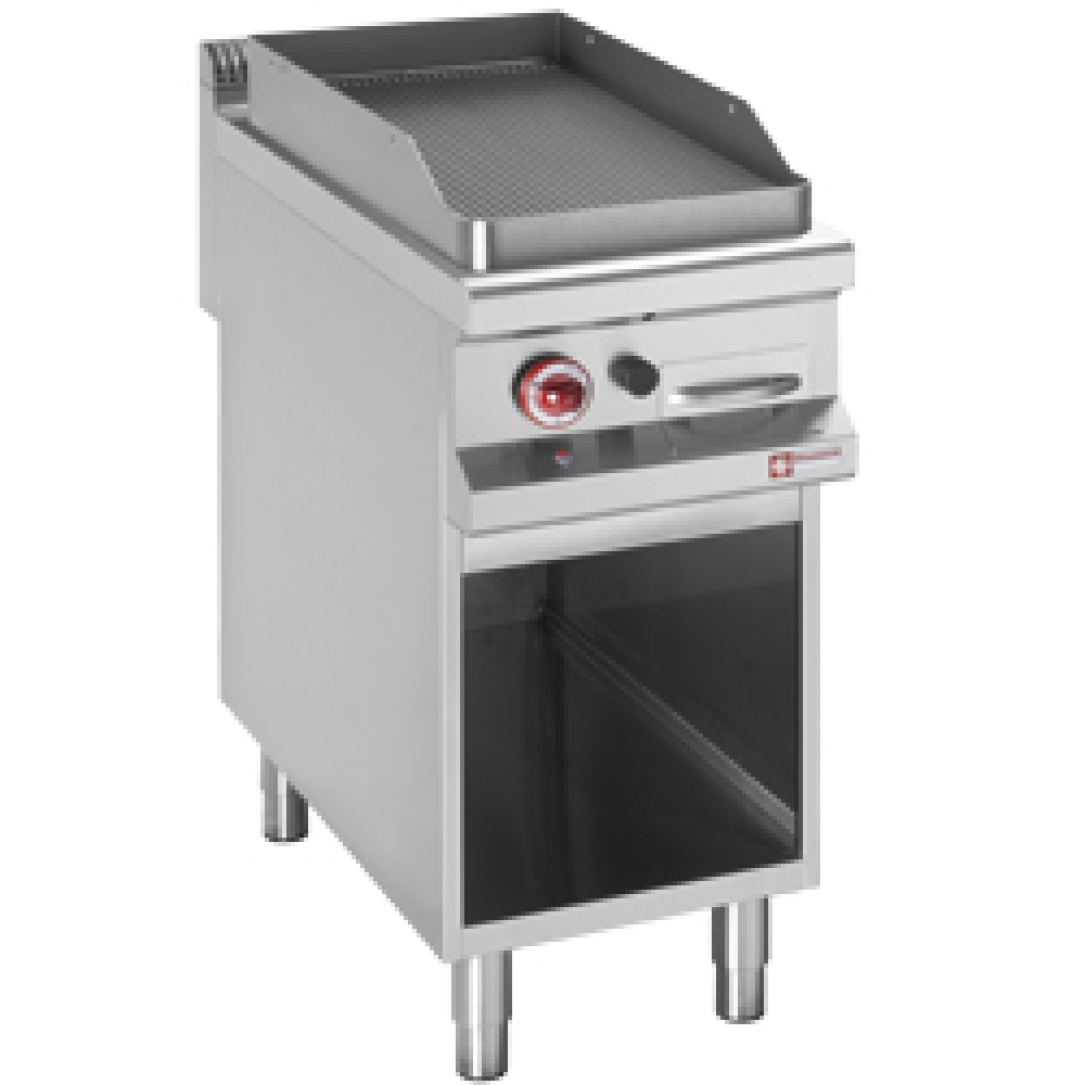 Grooved gas fry top, open cupboard