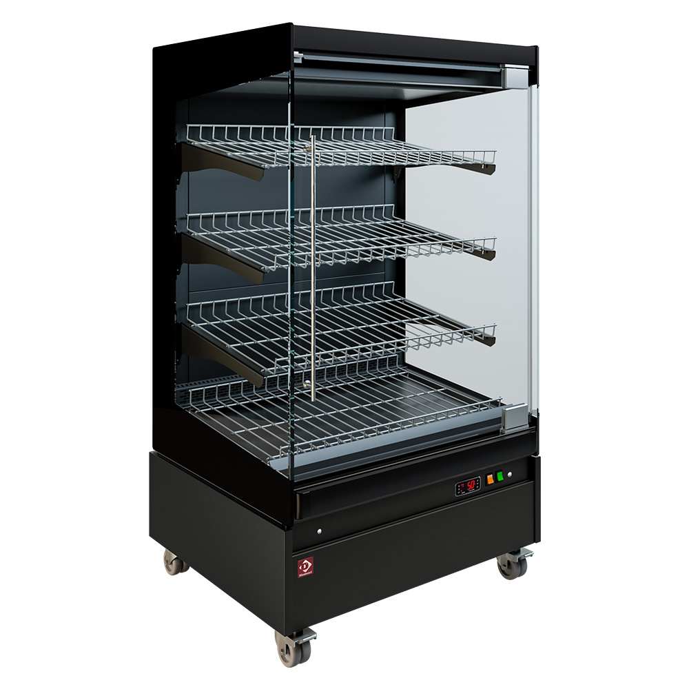 Heated display case, self-service, with glass door, on wheels - FULL BLACK