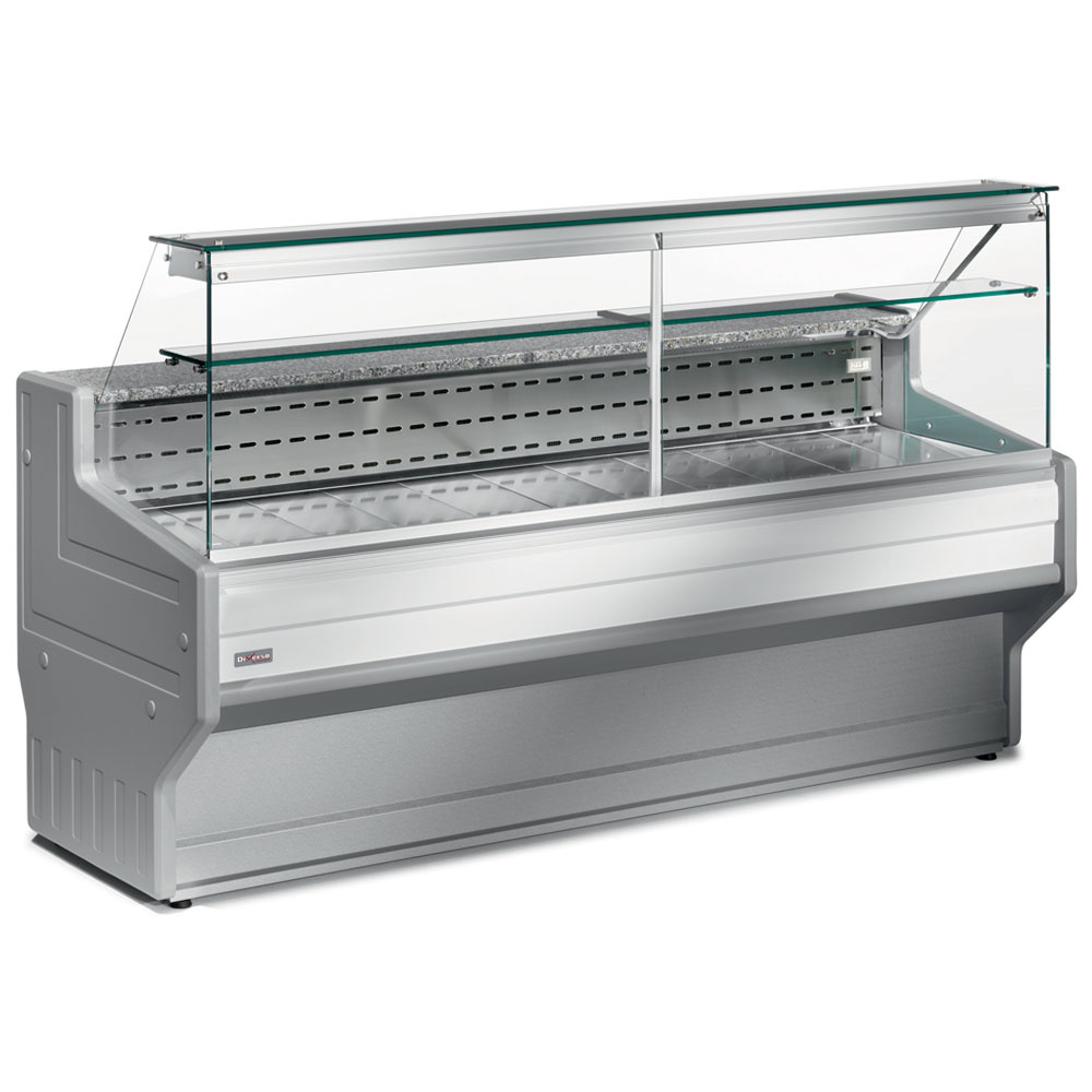 Refrigerated display counter with straight glass panel 90°, with reserve