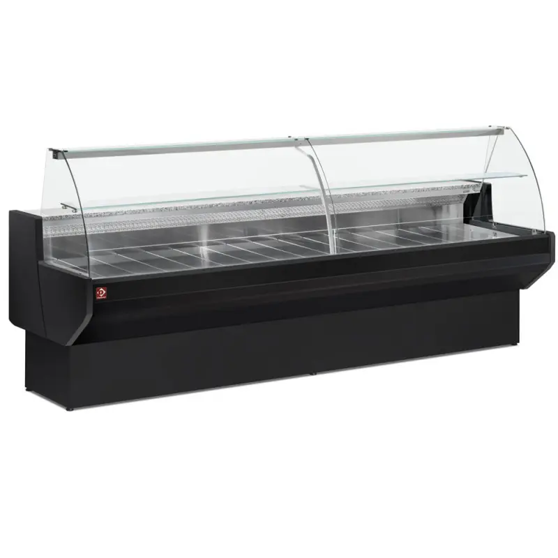 Refrigerated display counter, curved glass with storage space