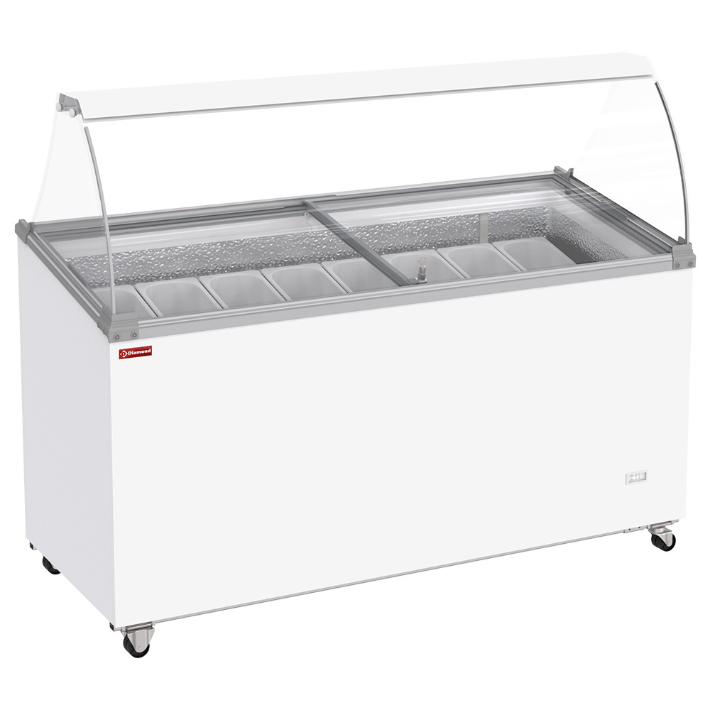 Conservateur comptoir à glaces, 467 litres, couvercles coulissants sur roulettes avec vitres bombées , capacité 8 bacs 