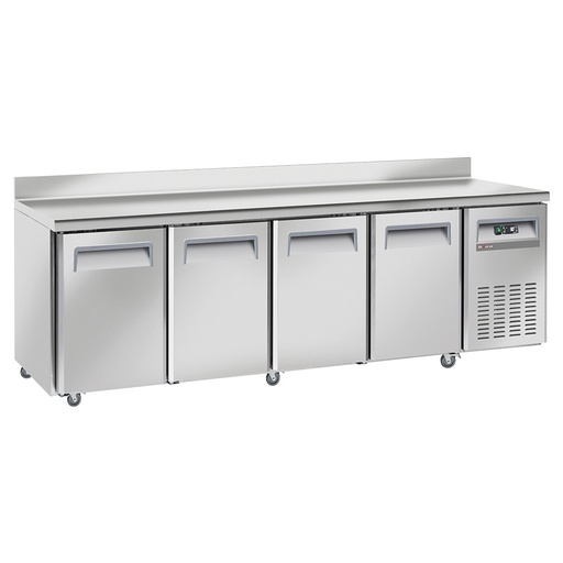 [WR-GTN4-3ND] Table frigorifique, ventilé, 4 portes GN 1/1, avec dosseret, sur roues, 2 avec freins