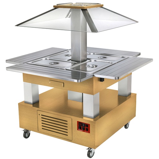 [CBM/4D-D1_KM] Island bain-marie warm buffet, motorized roof 4x GN1/1-150 (light wood)