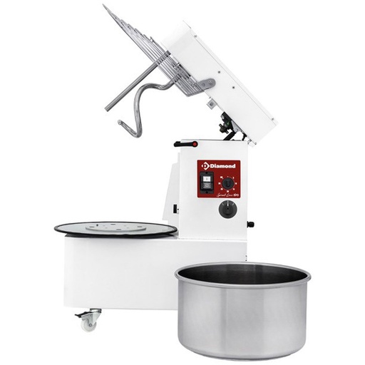 [FD53AL/T2V-L-230/3-] Spiral kneader 53 liters tilting head, removable bowl, 2 speeds, timer, on wheels