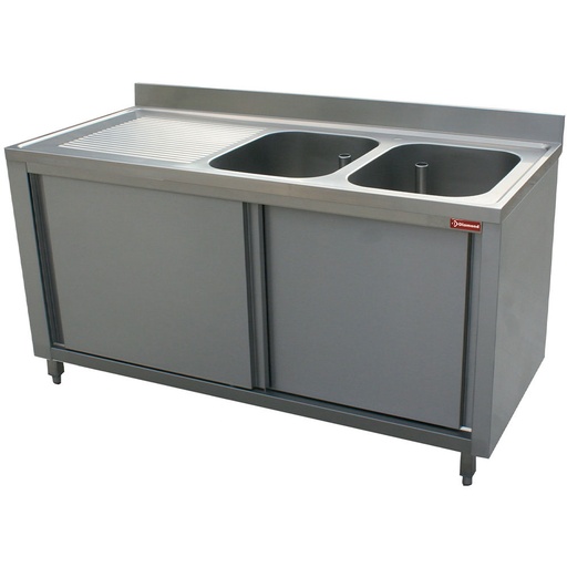 [L1821S-AS] Plonge 2 cuves 500x500x325 égouttoir gauche sur armoire 2 portes coulissantes
