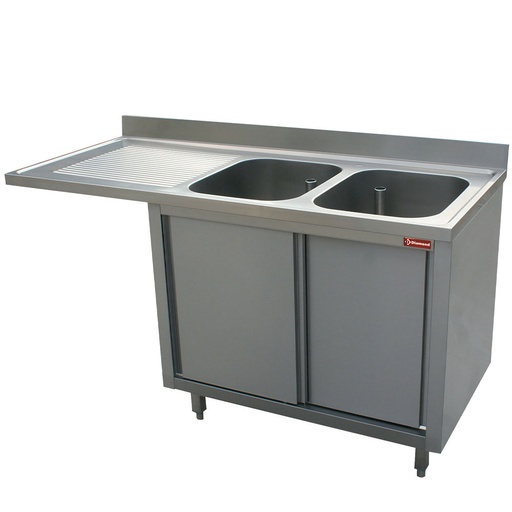 [L1621VS-AS] Plonge 2 cuves 400x500x275 égouttoir gauche sur armoire 2 portes coulissantes et espace lave vaisselle